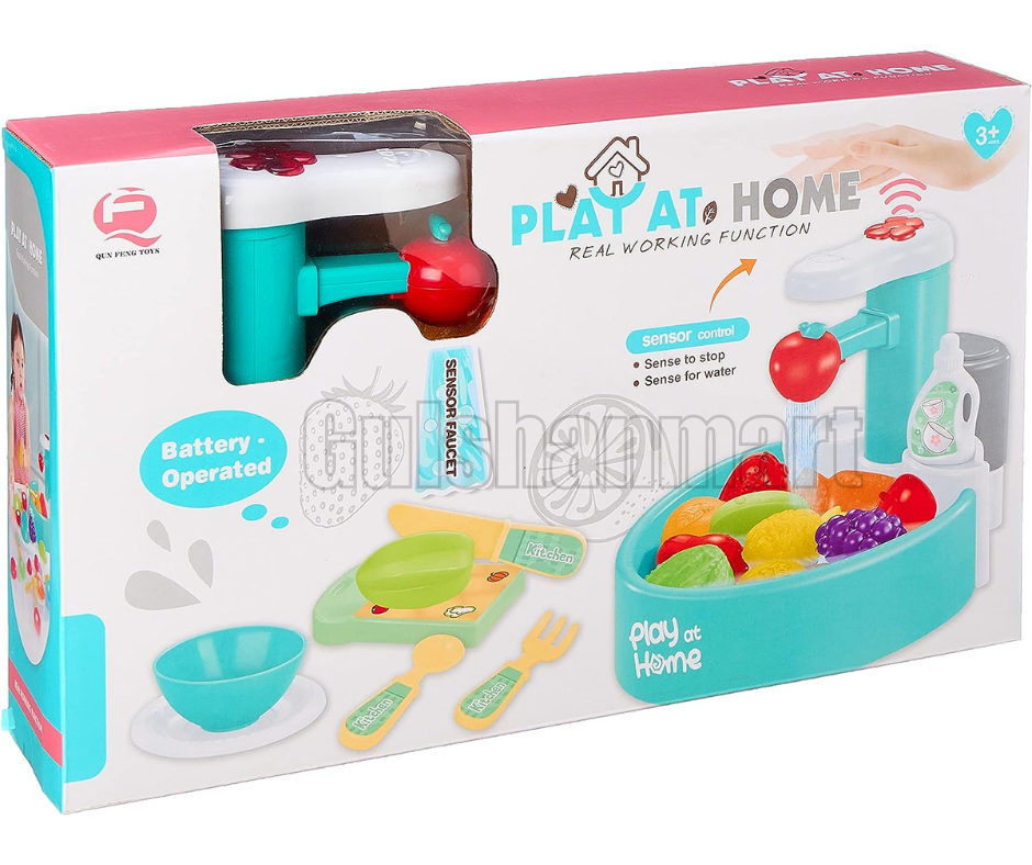 Play at Home Real Working Sink Toy Set for Kids – Sensor-Controlled Battery Operated Kitchen Play Set with Running Water, Dishes, Fruits & Utensils – Pretend Role-Play Washing Set (3+ Years)