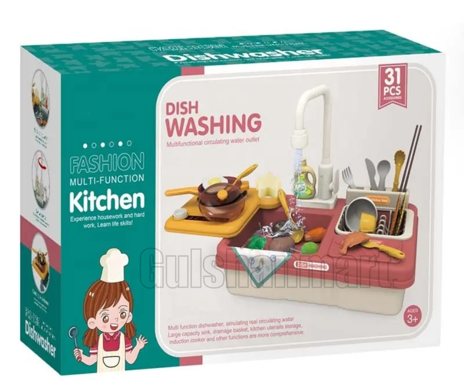 Fashion Multi-Function Kitchen Dishwashing Play Set – 31PCS Real Running Water Sink Toy with Stove, Utensils & Food for Kids (Ages 3+)