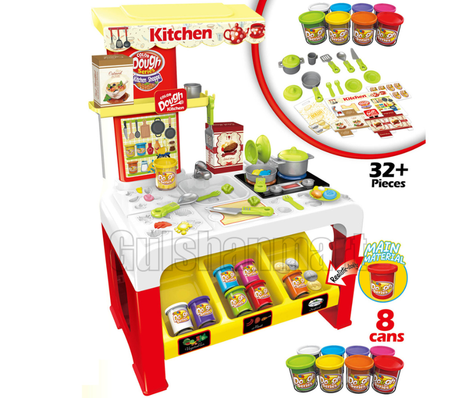Color Dough Kitchen Play Set for Kids – 32+ Pieces with 8 Dough Cans, Realistic Cooking Accessories & Play Food – Pretend Play Dough Kitchen Station
