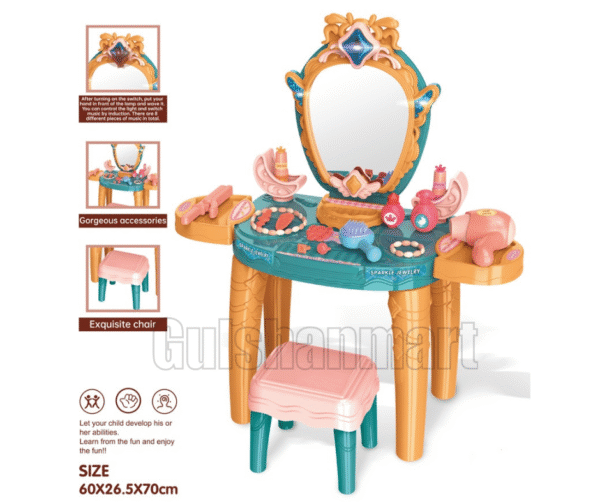 Sparkle Jewelry Vanity Dressing Table Play Set for Kids – Musical Mirror, Lights & 25+ Accessories | Pretend Makeup Set with Chair for Girls Ages 3+ - Image 3