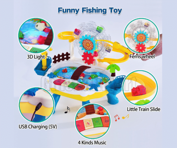 Funny Fishing 2-in-1 Toy Set with Ferris Wheel, Train Slide & Music | USB Rechargeable Water Play Game - Image 2