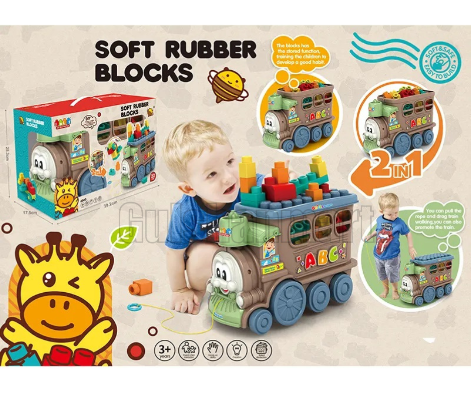2-in-1 Soft Rubber Blocks Train – Pull-Along Building Toy for Kids