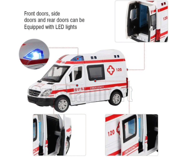 Die-Cast Emergency Ambulance Toy Car with LED Lights & Opening Doors - Image 4