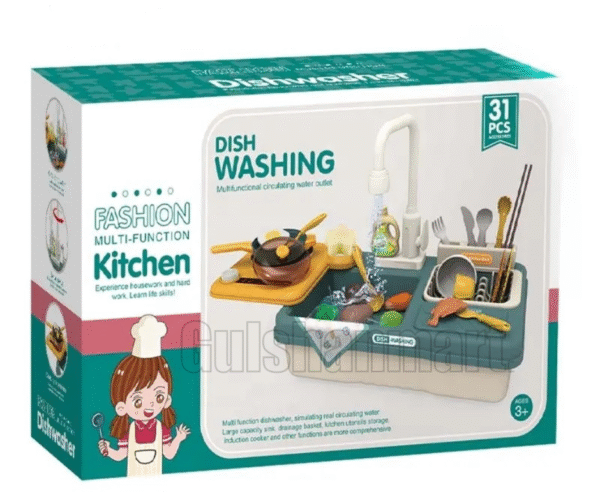 Fashion Multi-Function Kitchen Dishwashing Play Set – 31PCS Real Running Water Sink Toy with Stove, Utensils & Food for Kids (Ages 3+) - Image 4