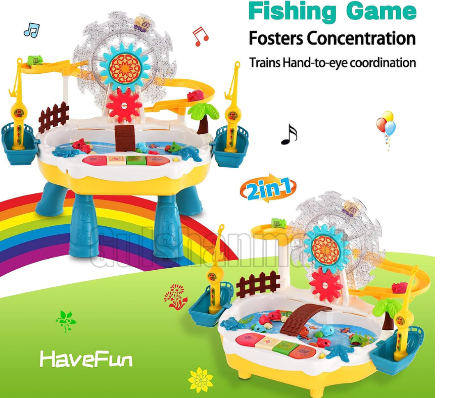 Funny Fishing 2-in-1 Toy Set with Ferris Wheel, Train Slide & Music | USB Rechargeable Water Play Game