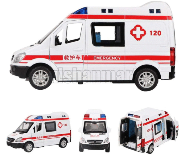 Die-Cast Emergency Ambulance Toy Car with LED Lights & Opening Doors - Image 3