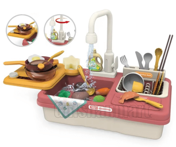 Fashion Multi-Function Kitchen Dishwashing Play Set – 31PCS Real Running Water Sink Toy with Stove, Utensils & Food for Kids (Ages 3+) - Image 3