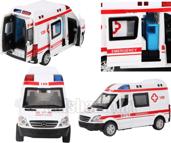 Die-Cast Emergency Ambulance Toy Car with LED Lights & Opening Doors - Image 2