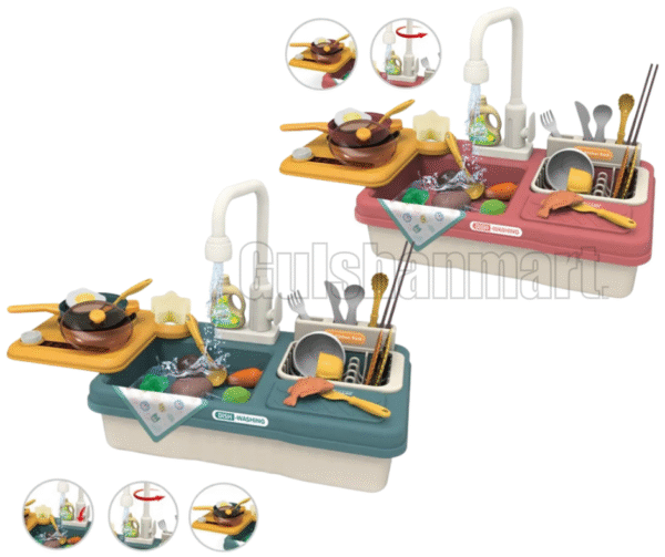 Fashion Multi-Function Kitchen Dishwashing Play Set – 31PCS Real Running Water Sink Toy with Stove, Utensils & Food for Kids (Ages 3+) - Image 5