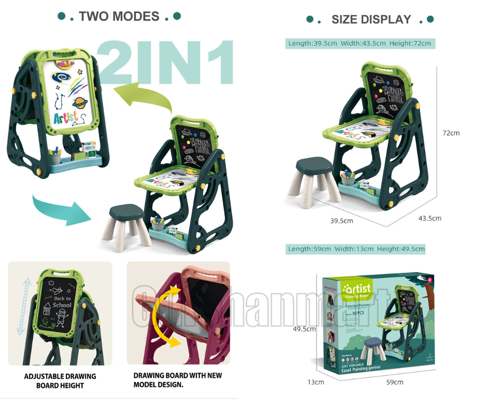 2-in-1 Double-Sided Drawing Board with Adjustable Desk & Chair for Kids